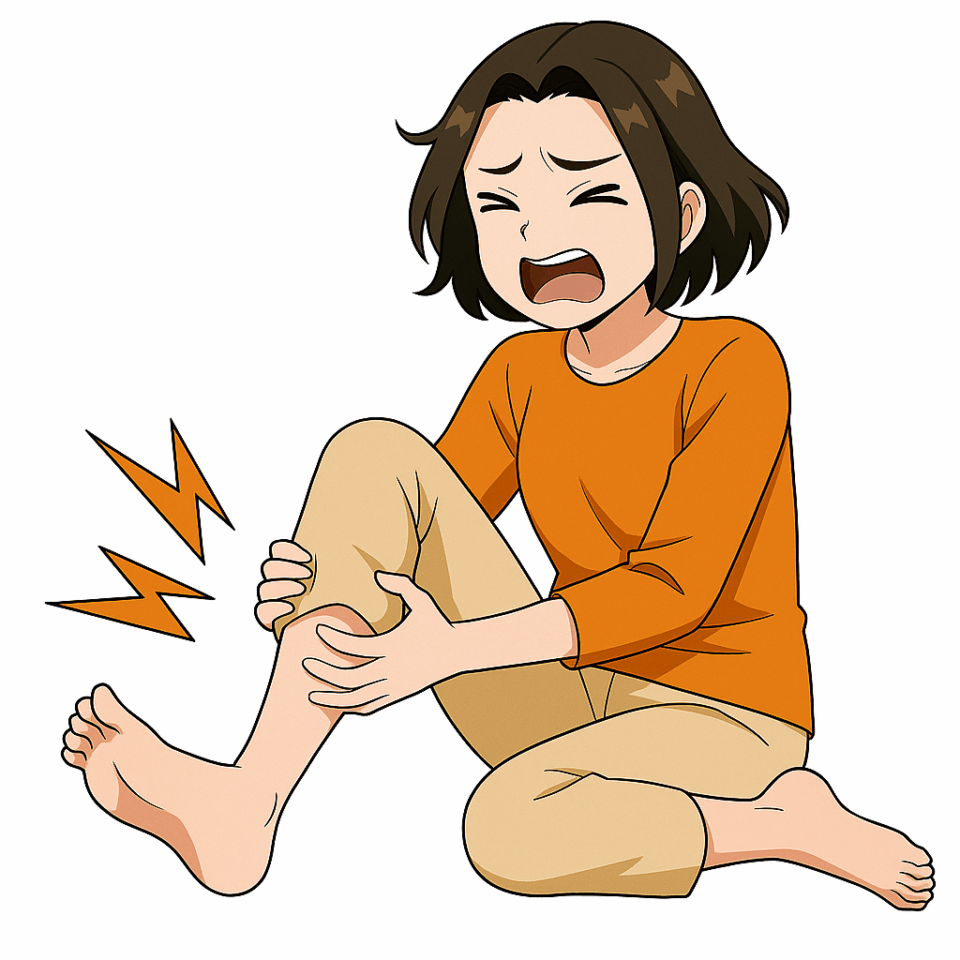 ふくらはぎの痛みで顔をしかめながら足を押さえる女性キャラクターのイラスト