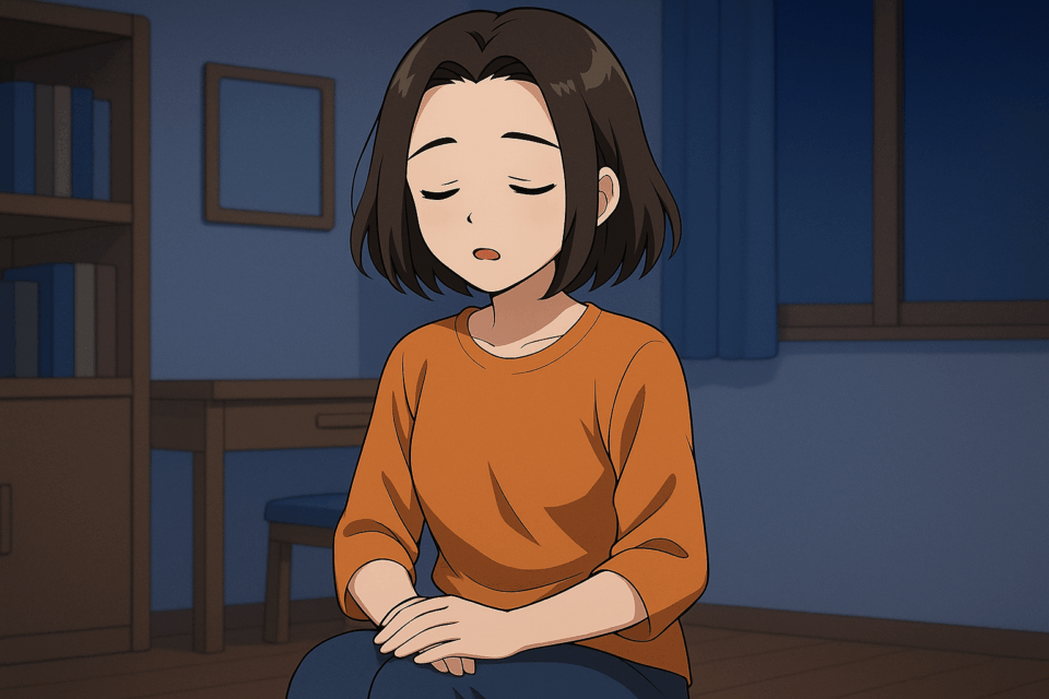 夜に静かに眠気を感じている女性のイラスト