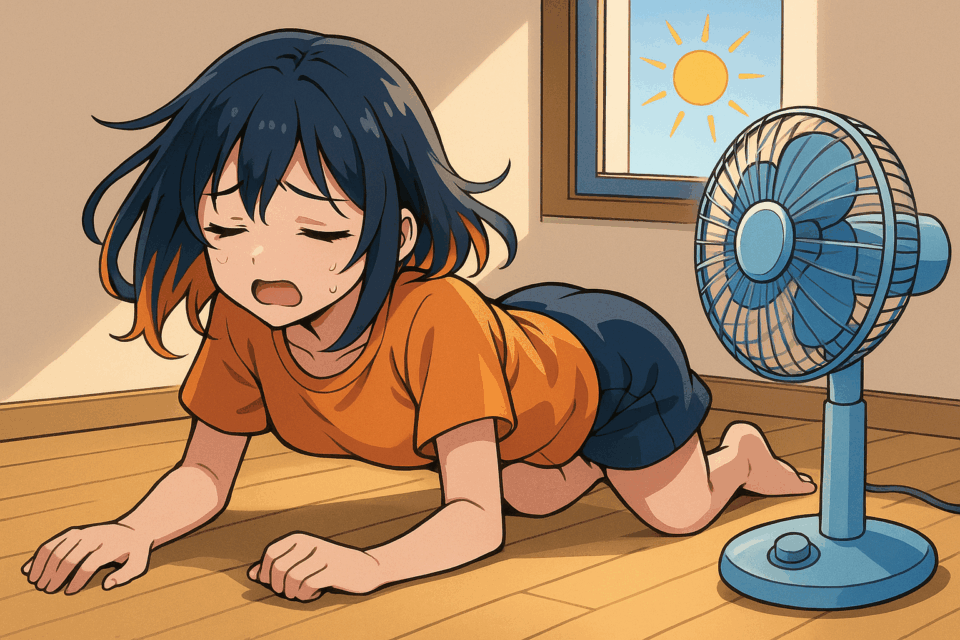 夏バテでぐったりする女性が扇風機の前で横たわっている様子