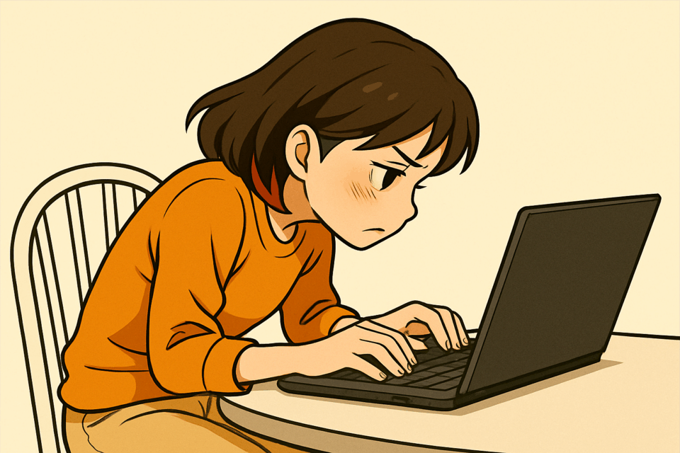 パソコン作業で猫背になり、肩こりや首のこりに悩む女性のイラスト