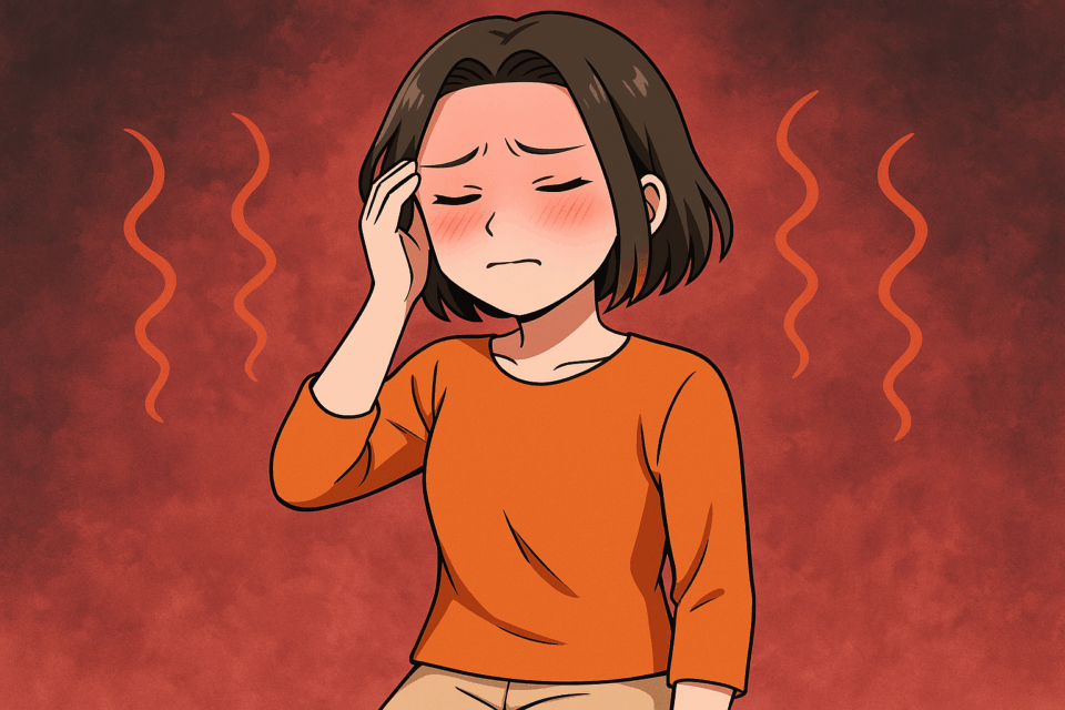 顔が火照ってつらそうな女性のイラスト|ホルモンバランスと自律神経ケア