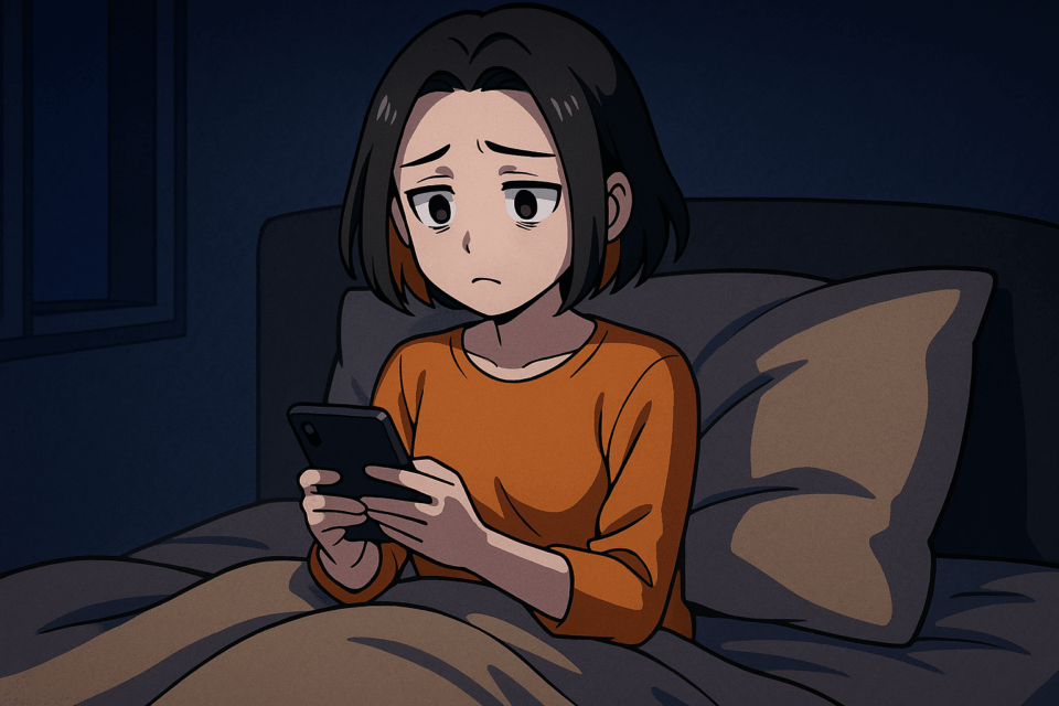 ベッドの中でスマートフォンを見続ける女性のイラスト|睡眠の質と自律神経の関係