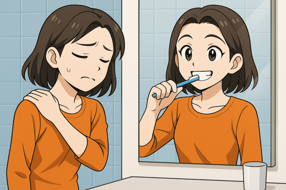 肩こりに悩む女性と、歯磨きをする笑顔の女性の対比イラスト