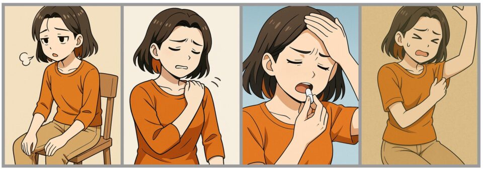 肩こりの症状が徐々に悪化していく女性の4コマイラスト