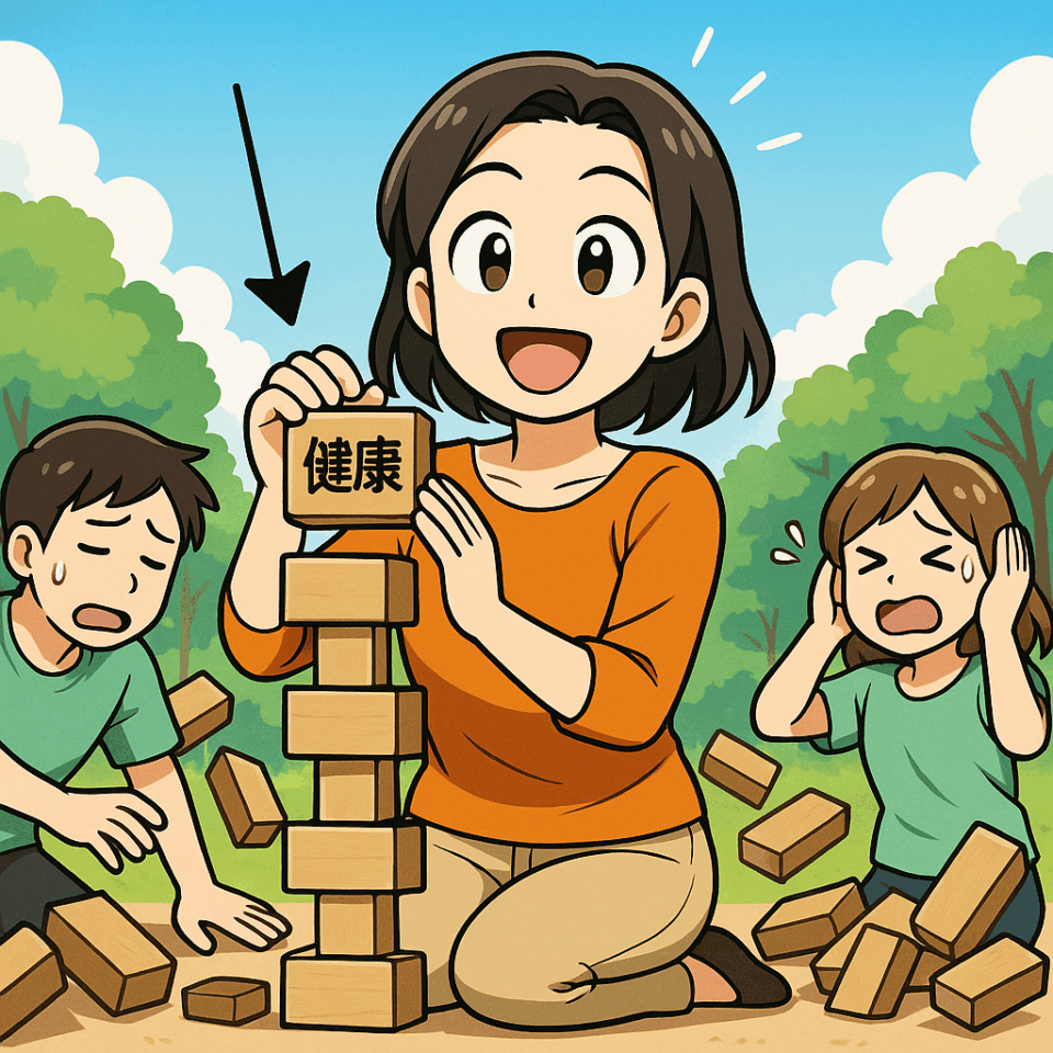 積み木で土台を整えて健康を築く女性と、崩れる積み木に困っている人たちのイラスト