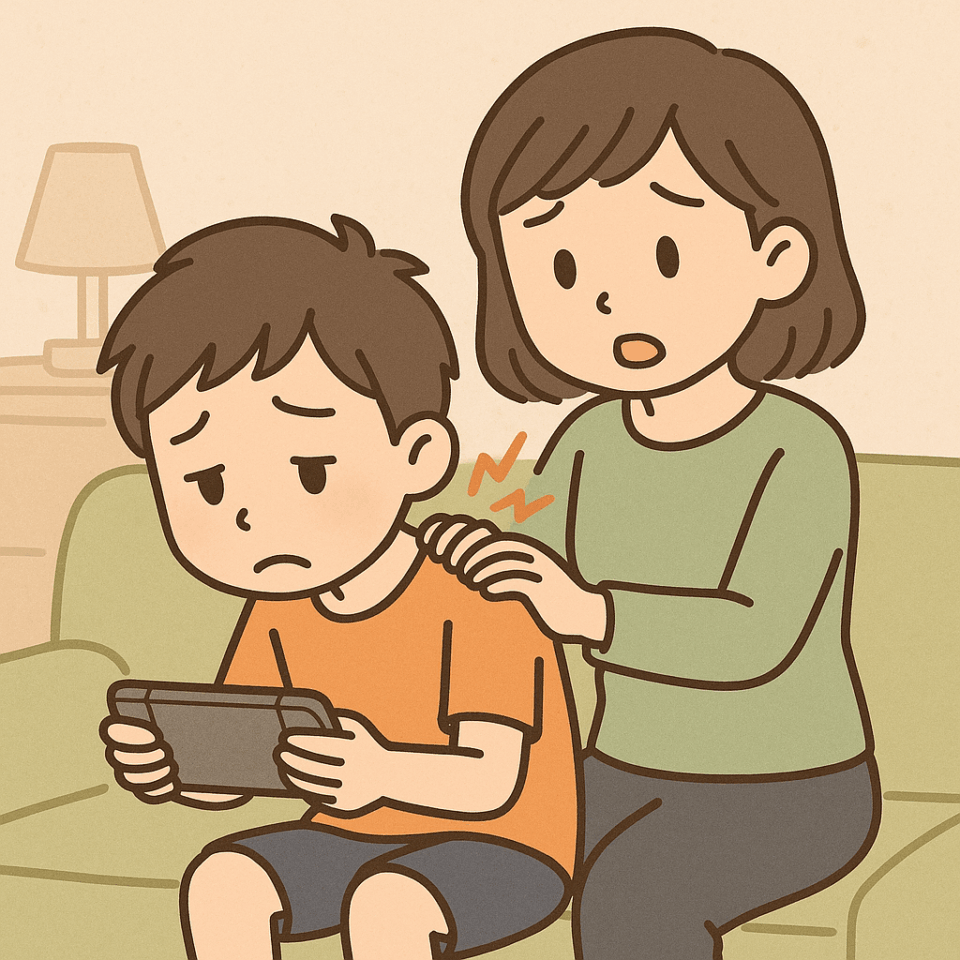 ゲームに集中するうちに猫背になり、肩を痛がる小学生の男の子と、それを心配する母親のイラスト
