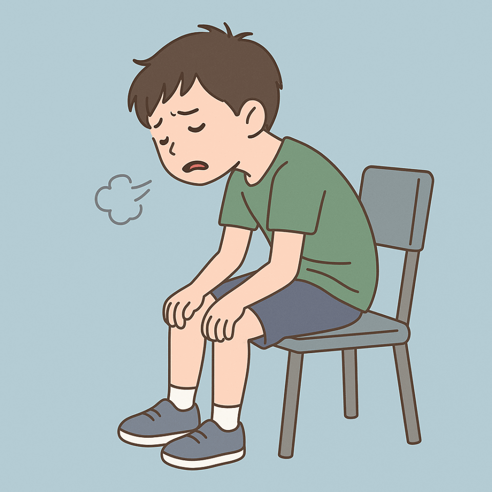 猫背の姿勢で呼吸が浅くなり、息苦しそうにしている小学生の男の子のイラスト