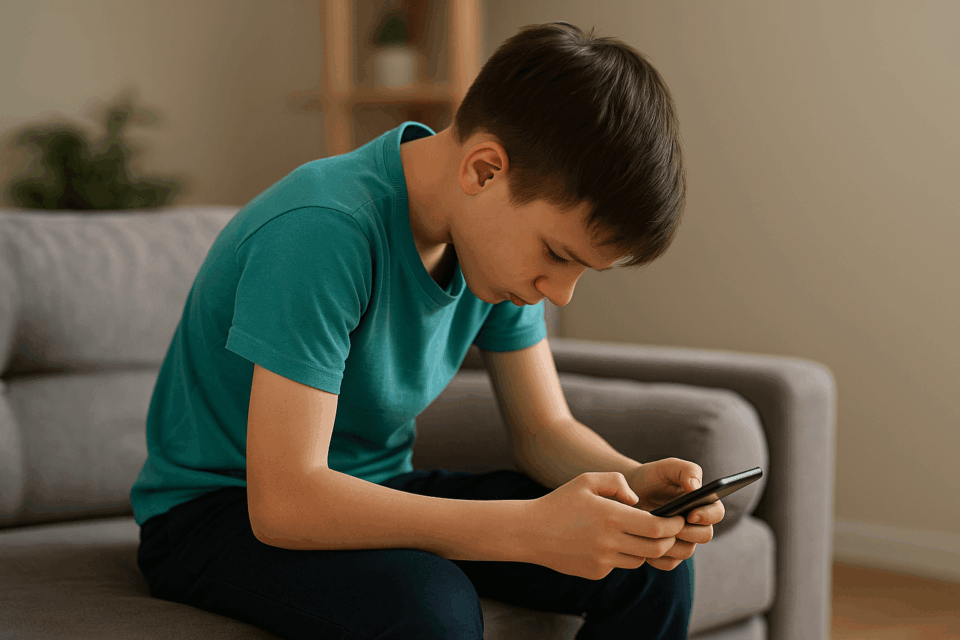 ソファに座り、スマートフォンを操作しながら深く前傾姿勢になる男の子の姿